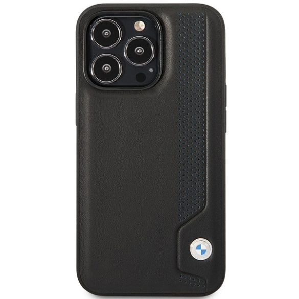 BMW iPhone 14 Pro Hardcase Leather Blue Dots (BMHCP14L22RBDK) eredeti bőr hátlap, tok, fekete