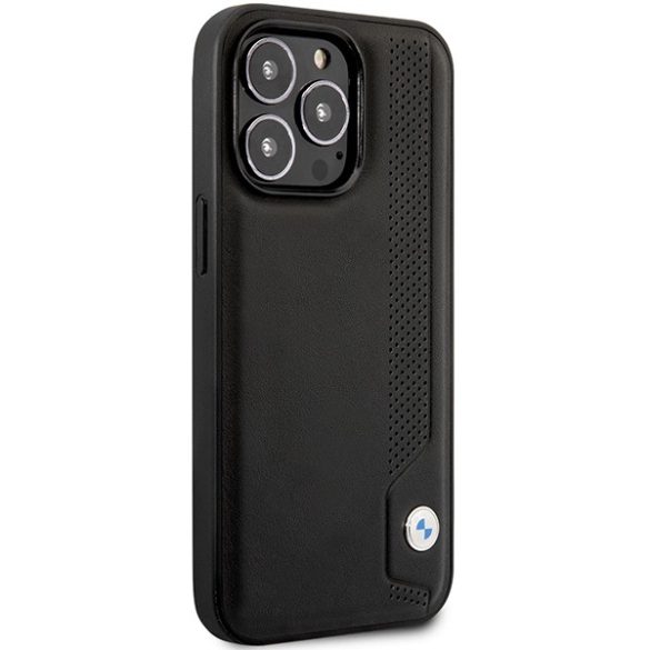 BMW iPhone 14 Pro Hardcase Leather Blue Dots (BMHCP14L22RBDK) eredeti bőr hátlap, tok, fekete