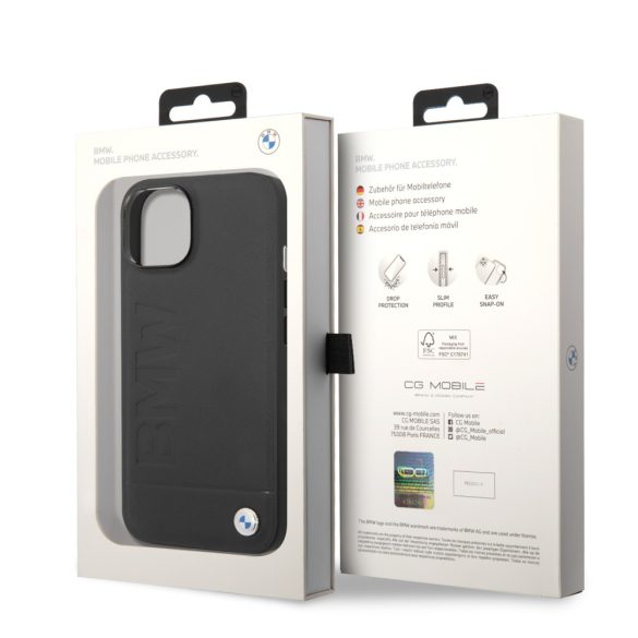 BMW iPhone 14 Leather Stamp (BMHCP14SSLLBK) hátlap, tok, fekete