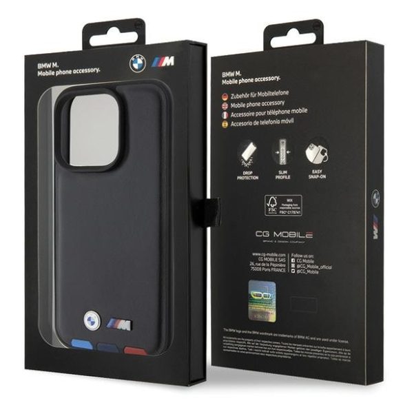 BMW iPhone 15 Pro Leather Stamp Tricolor (BMHCP15L22PTDK) hátlap, tok, fekete