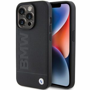 BMW iPhone 15 Pro Leather Hot Stamp (BMHCP15LSLLBK) eredeti bőr hátlap, tok, fekete