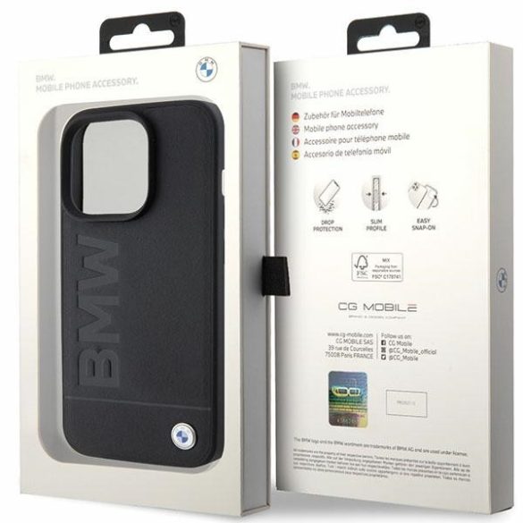 BMW iPhone 15 Pro Leather Hot Stamp (BMHCP15LSLLBK) eredeti bőr hátlap, tok, fekete