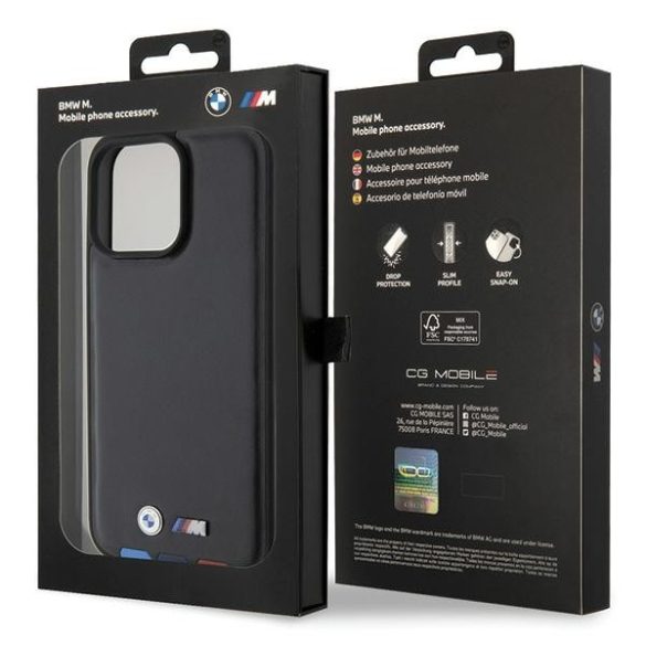 BMW iPhone 15 Pro Max Leather Stamp Tricolor (BMHCP15X22PTDK) eredeti bőr hátlap, tok, fekete