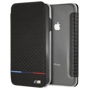   BMW iPhone Xs Max Carbon Tricolor Stripe (BMTRBKI65PUCARTCBK) oldalra nyíló tok, fekete