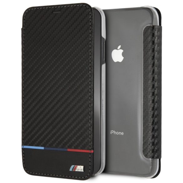 BMW iPhone Xs Max Carbon Tricolor Stripe (BMTRBKI65PUCARTCBK) oldalra nyíló tok, fekete