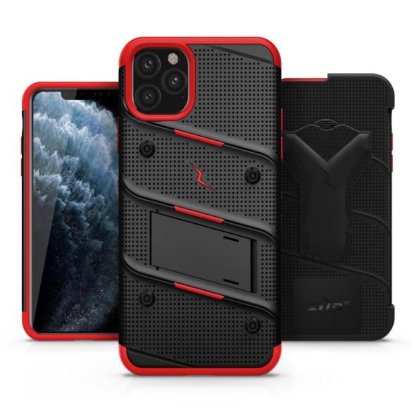 Zizo Bolt Cover iPhone 11 Pro ütésálló hátlap, tok és edzett üvegfólia, fekete-piros