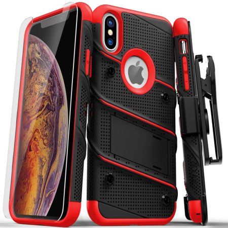 Zizo Bolt Cover iPhone X/Xs ütésálló hátlap, tok és edzett üvegfólia, fekete-piros