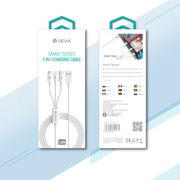 Devia Smart 3in1 Lightning/Micro-usb/Type-C USB kábel, fehér