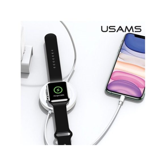 USAMS US-CC096 2in1 Wireless Qi Charger, iPhone, iWatch, AirPods vezeték nélküli töltő, lightning kábellel, fekete 