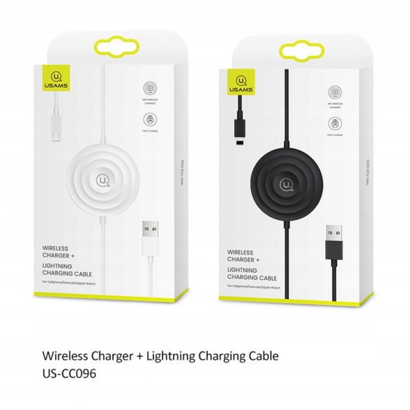 USAMS US-CC096 2in1 Wireless Qi Charger, iPhone, iWatch, AirPods vezeték nélküli töltő, lightning kábellel, fekete
