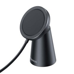   Baseus Simple Magnetic Stand Wireless Charger Qi, MagSafe kompatibilis vezeték nélküli asztali töltő, gyorstöltő, 15W, fekete