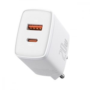 Baseus CCXJ-B02 USB+USB-C,Compact Quick Charger hálózati töltő adapter, gyorstöltés, 20W, QC, PD, 3A, fehér