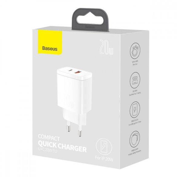 Baseus CCXJ-B02 USB+USB-C,Compact Quick Charger hálózati töltő adapter, gyorstöltés, 20W, QC, PD, 3A, fehér