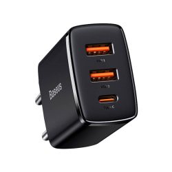   Baseus CCXJ-E01 2xUSB+USB-C,Compact Quick Charger hálózati töltő adapter, gyorstöltés, 36W, QC, PD, 3A, fekete