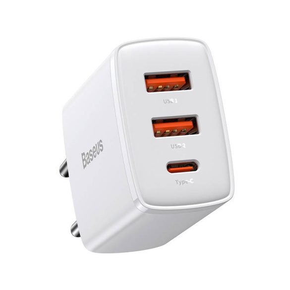 Baseus CCXJ-E02 2xUSB+USB-C,Compact Quick Charger hálózati töltő adapter, gyorstöltés, 36W, QC, PD, 3A, fehér