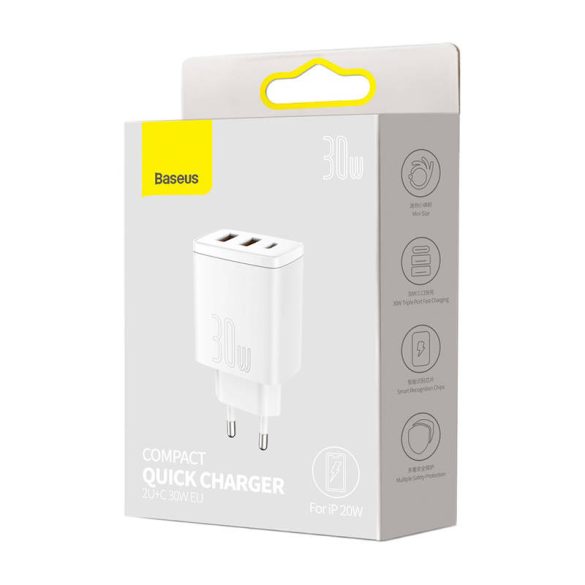 Baseus CCXJ-E02 2xUSB+USB-C,Compact Quick Charger hálózati töltő adapter, gyorstöltés, 36W, QC, PD, 3A, fehér