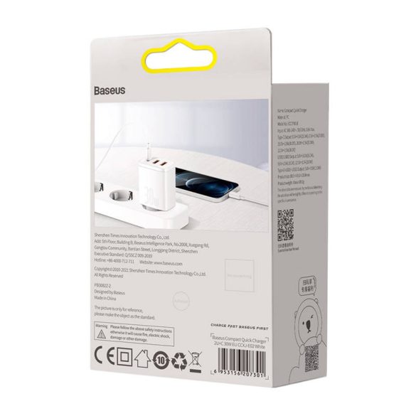 Baseus CCXJ-E02 2xUSB+USB-C,Compact Quick Charger hálózati töltő adapter, gyorstöltés, 36W, QC, PD, 3A, fehér