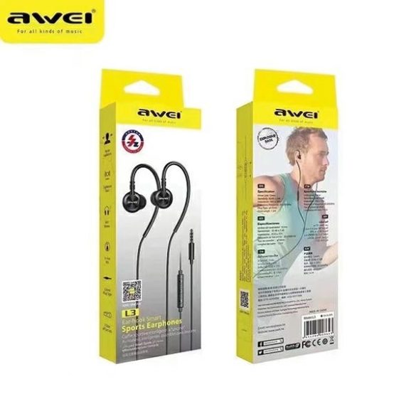 AWEI L3 vezetékes headset, fülhallgató, 3.5mm jack, fekete