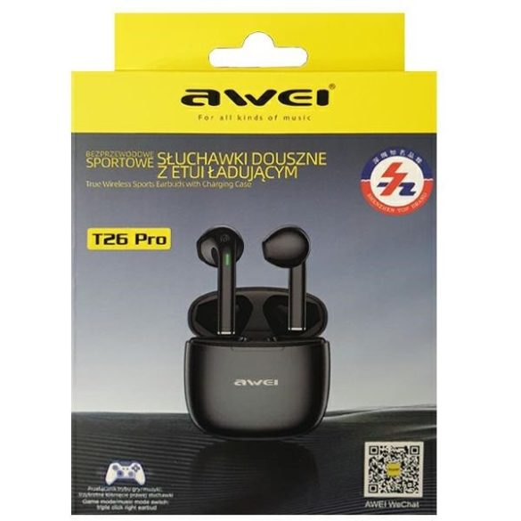 Awei T26 Pro TWS Bluetooth 5.3 headset akkumulátoros töltő tokkal, fekete