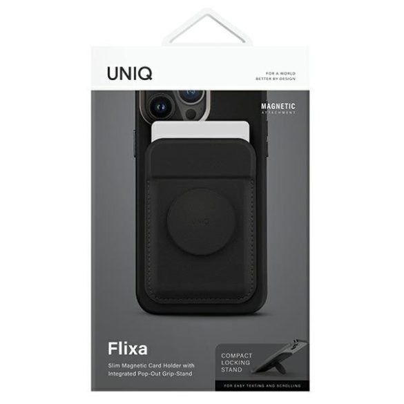 UNIQ Flixa Magnetic Card Wallet Magsafe kompatibilis mágneses kártyatartó, popsocket funkcióval, fekete