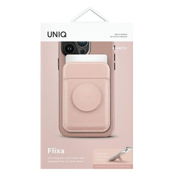 UNIQ Flixa Magnetic Card Wallet Magsafe kompatibilis mágneses kártyatartó, popsocket funkcióval, rózsaszín