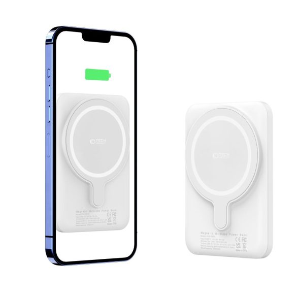 Tech-Protect PB10 Lifemag Magsafe Powerbank Magsafe kompatibilis hordozható külső akkumulátor és vezeték nélküli töltő, 5000 mAh, 15W, fehér