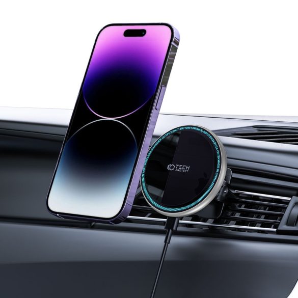 Tech-Protect A2 Magnetic Magsafe Vent Car Mount Wireless Charger, Magsafe kompatibilis vezeték nélküli töltő és tartó, szellőzőrácsra, mágneses, 15W, fekete