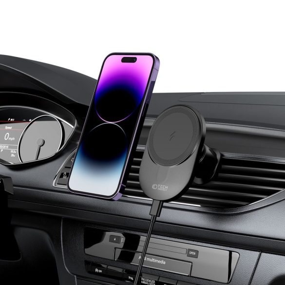 Tech-Protect MM15W-V1 Magnetic Magsafe Vent Car Mount Wireless Charger, Magsafe kompatibilis vezeték nélküli töltő és tartó, szellőzőrácsra, mágneses, 15W, fekete