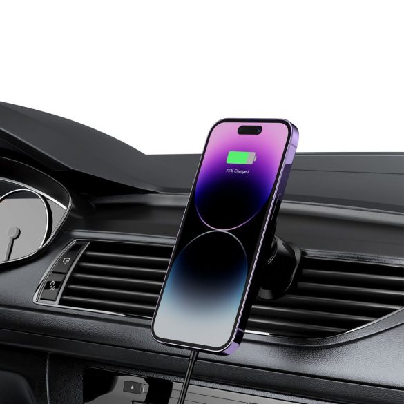 Tech-Protect MM15W-V1 Magnetic Magsafe Vent Car Mount Wireless Charger, Magsafe kompatibilis vezeték nélküli töltő és tartó, szellőzőrácsra, mágneses, 15W, fekete