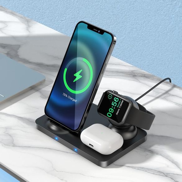 Hoco CW33 3in1 Wireless Charge, Qi vezeték nélküli asztali töltő, gyorstöltő, 15W, fekete