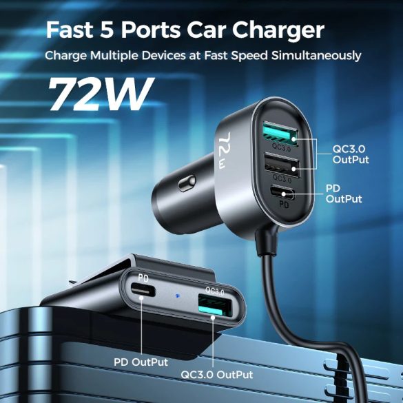 Joyroom JR-CL05 5-Port (3xUSB+2xUSB-C) 72W univerzális autós töltő