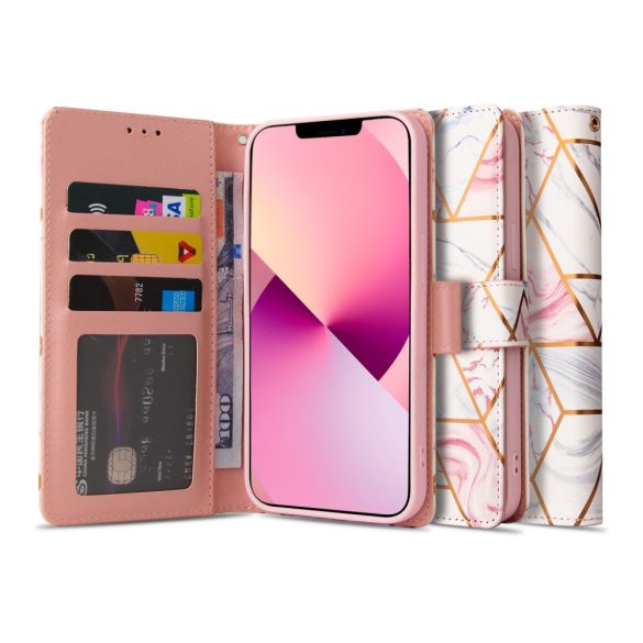 Tech-Protect Wallet Marble iPhone 13 Pro oldalra nyíló hátlap, tok, mintás rózsaszín