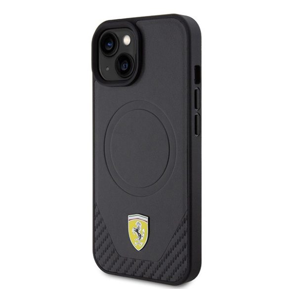 Ferrari iPhone 15 Carbon Metal Logo MagSafe (FEHMP15SPTEK) magsafe kompatibilis hátlap, tok, fekete