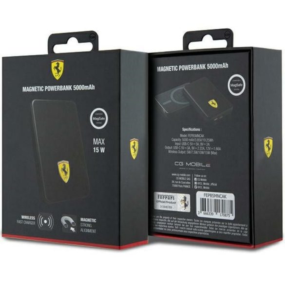 Ferrari Metal Logo MagSafe Powerbank (FEPB5MNCAK) MagSafe kompatibilis hordozható külső akkumulátor és vezeték nélküli töltő, 5000 mAh, 15W, fekete