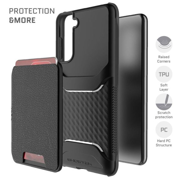 GHOSTEK Samsung Galaxy S21 Plus Exec 4 Magnetic Wallet ütésálló hátlap tok, kártyatartóval, fekete