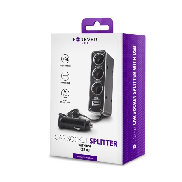 Forever CSS-03 3in1 Socket Splitter 2xUSB-A univerzális autós szivargyújtó töltő és elosztó, fekete