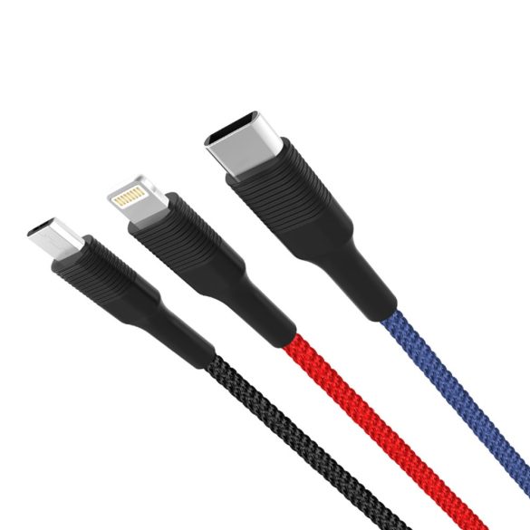 XO NB54 USB Cable 3in1 Micro-USB, Type-C, Lightning kábel, 3A, 1,2m, színes