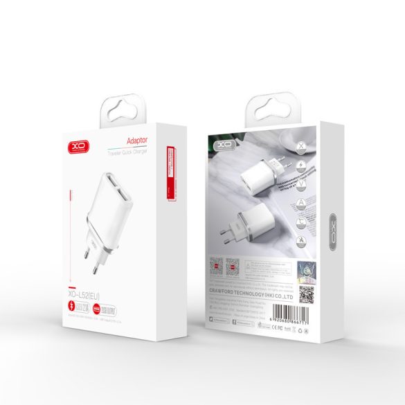 XO L52 2xUSB Wall Charger hálózati töltő adapter, 2.1A, fehér