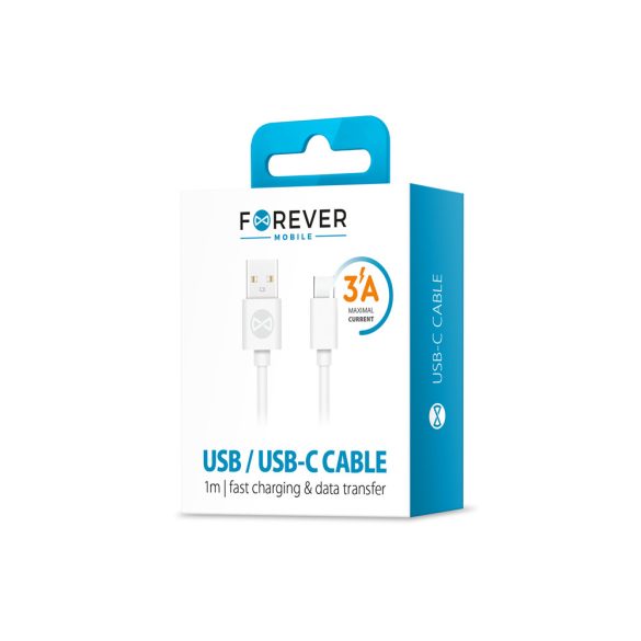 Forever USB-A/USB-C töltő és adatkábel, gyorstöltés funkció, 3A, 1m, fehér