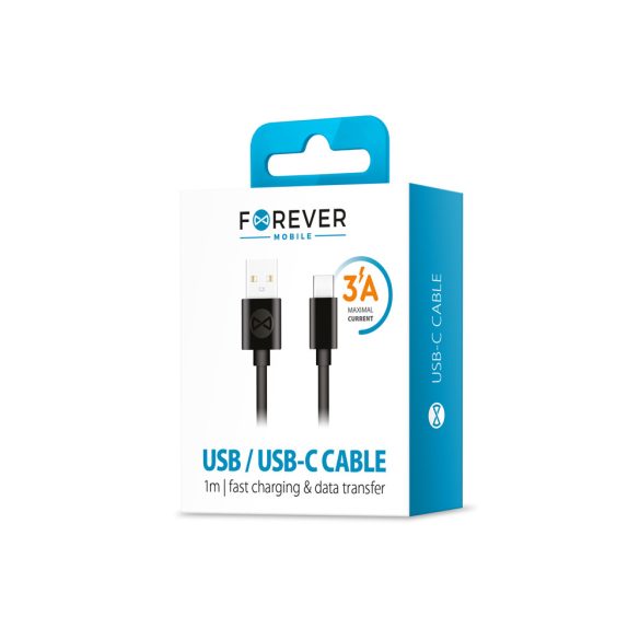 Forever USB-A/USB-C töltő és adatkábel, gyorstöltés funkció, 3A, 1m, fekete