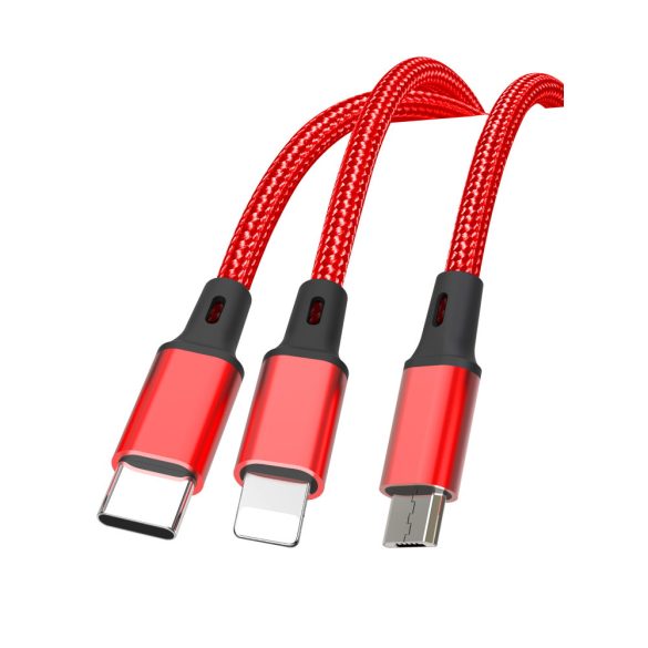 XO NB173 USB Cable 3in1 Micro-USB, Type-C, Lightning kábel, 2.4A, 1.2m, piros