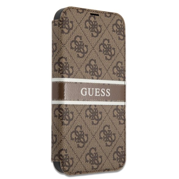 Guess iPhone 13 Mini 4G Printed Stripe (GUBKP13S4GDBR) oldalra nyíló tok, barna