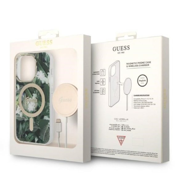 Guess iPhone 14 Pro Jungle MagSafe (GUBPP14LHJEACSA) hátlap, tok és Magsafe vezeték nélküli wireless töltő, zöld