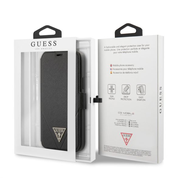 Guess iPhone 12 Pro Max Saffiano Triangle (GUFLBKP12LVSATMLBK) oldalra nyíló tok, fekete