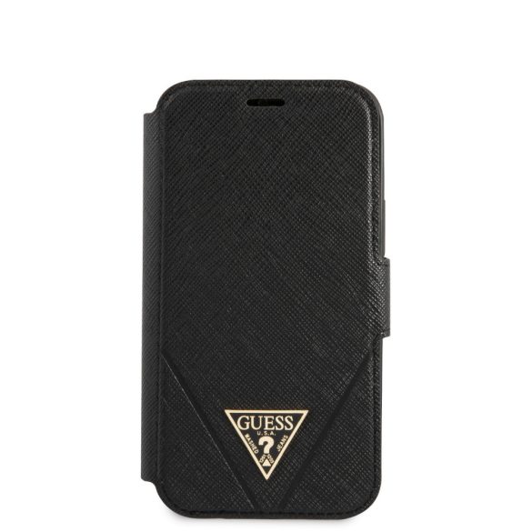 Guess iPhone 12 Mini 5,4" Saffiano Triangle (GUFLBKP12SVSATMLBK) oldalra nyíló tok, fekete