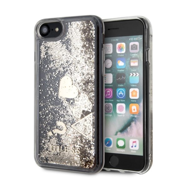 Guess iPhone 8 Liquid Glitter Hearts (GUHCI8GLHFLGO) hátlap, tok, arany