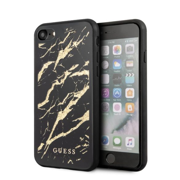 Guess iPhone 7/8/SE (2020) Glitter Marble Glass márvány mintás (GUHCI8MGGBK) hátlap, tok, fekete