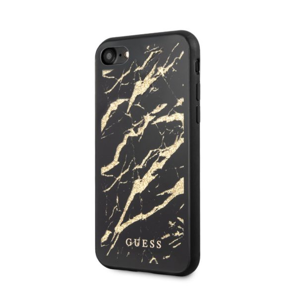 Guess iPhone 7/8/SE (2020) Glitter Marble Glass márvány mintás (GUHCI8MGGBK) hátlap, tok, fekete