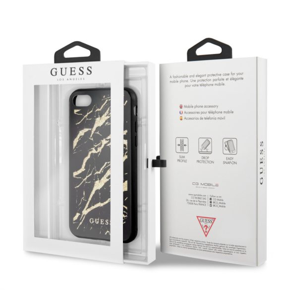 Guess iPhone 7/8/SE (2020) Glitter Marble Glass márvány mintás (GUHCI8MGGBK) hátlap, tok, fekete