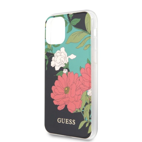 Guess iPhone 11 Pro Flower Shiny N.1 (GUHCN58IMLFL01) hátlap, tok, mintás, fekete